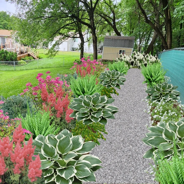 a garden pathway with plants and a fence