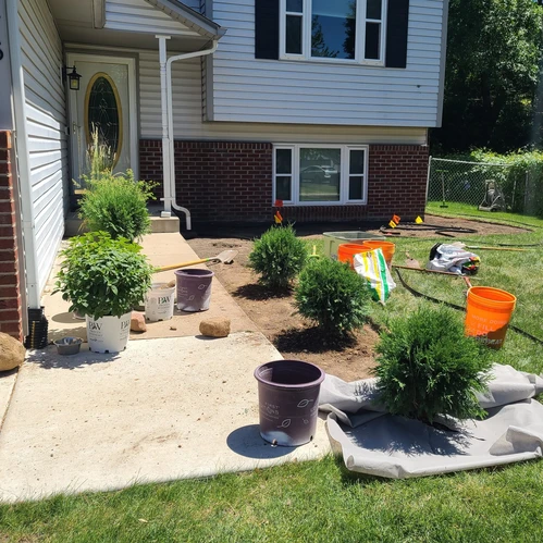 a house with a yard showing the process of adding in new shrubs and landscape fabric.