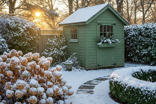 green garden shed surrounded by evergreen hedges and hydrangea during the winter