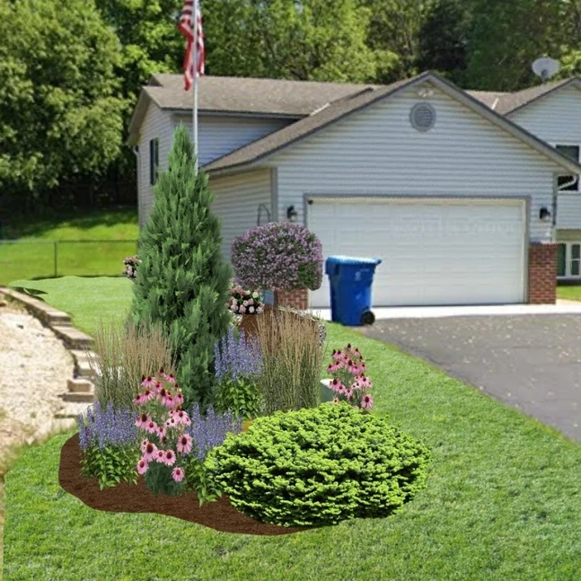 Plants surrounding utility box in yard.