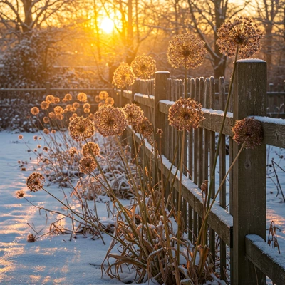 tall alliums along a wooden fence, being lit by the morning sunrise in the background during the winter season