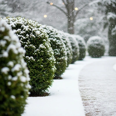 a row of trimmed round arborvitae shrubs lining up along a walkway, with snowflakes coating the ground.