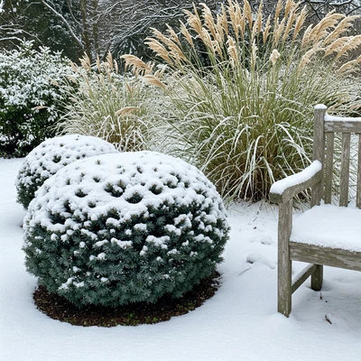 round dwarf globe blue spruce covered with snow, next to a bench in a garden