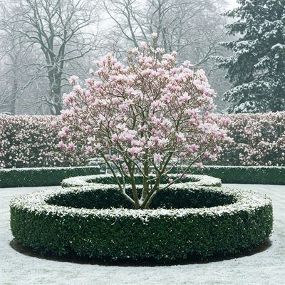 boxwood hedge surrounding a saucer magnolia with a light dusting of snow covering the tree and hedge