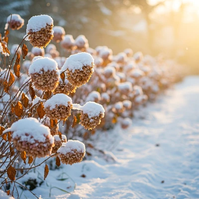 long row of hydrangeas with the spent blooms covered in snow during the winter