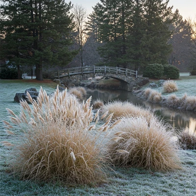 mounds of tall ornamental grass near a creek, covered in frost on a cold winter morning