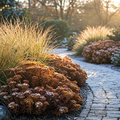 sedum along a pathway with a dusting of snowfall with morning sun