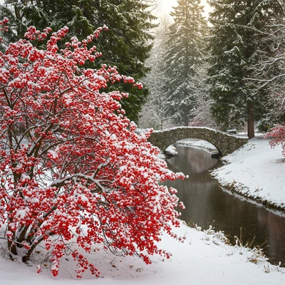 large winterberry shrub covered in red berries, leaning towards a creek